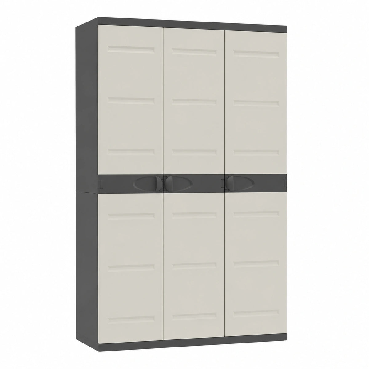 Armario de Almacenamiento de Resina con 3 Puertas y Estantes, Beige y Negro, para Interior y Exterior
