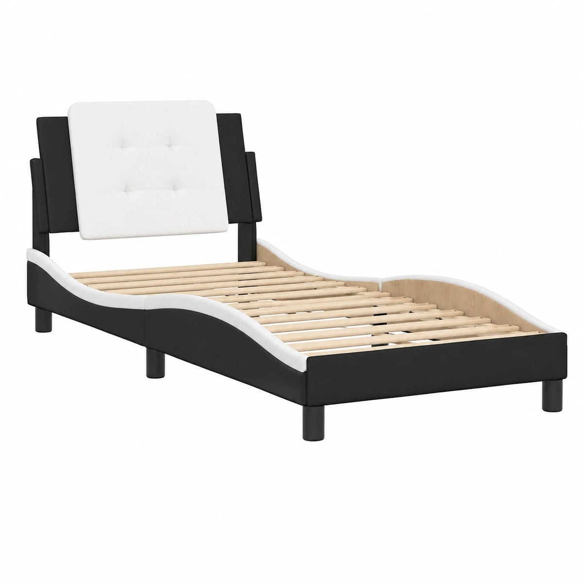 Estructura de Cama Zadar, Diseño Curvado, Cuero Sintético Negro y Blanco, 90x200 cm
