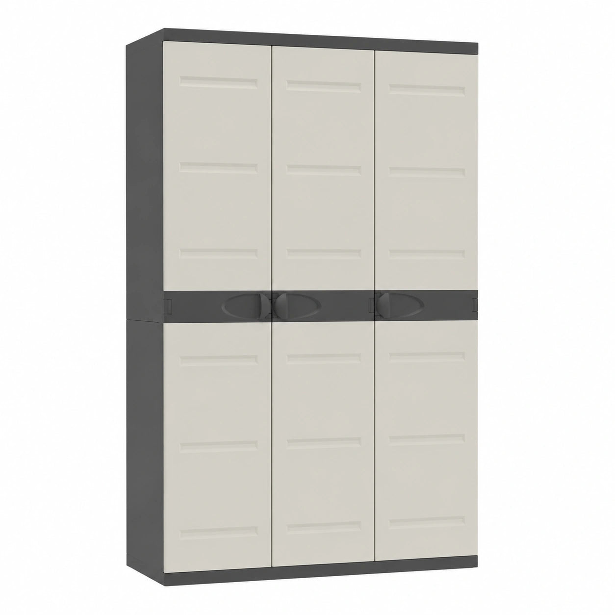 Armario de Almacenamiento de Resina con 3 Puertas y Estantes, Beige y Negro, para Interior y Exterior