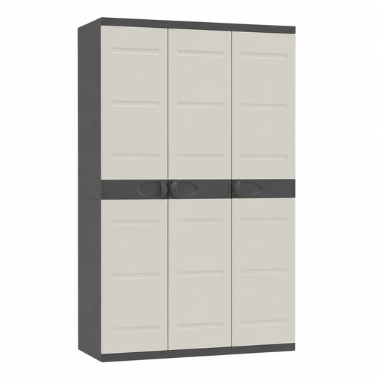 Armario de Almacenamiento de Resina con 3 Puertas y Estantes, Beige y Negro, para Interior y Exterior