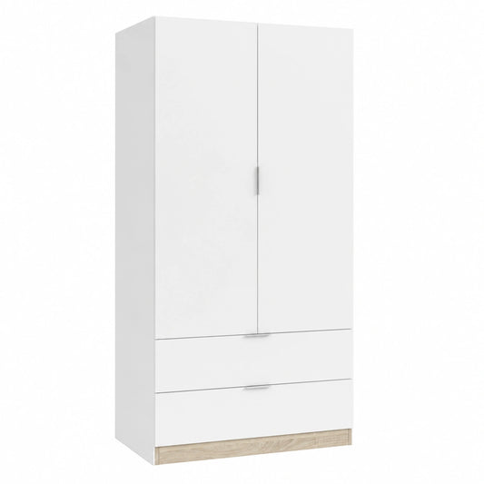 Armario Blanco 2 Puertas 2 Cajones, 81x180x52 cm, Roble y Artik