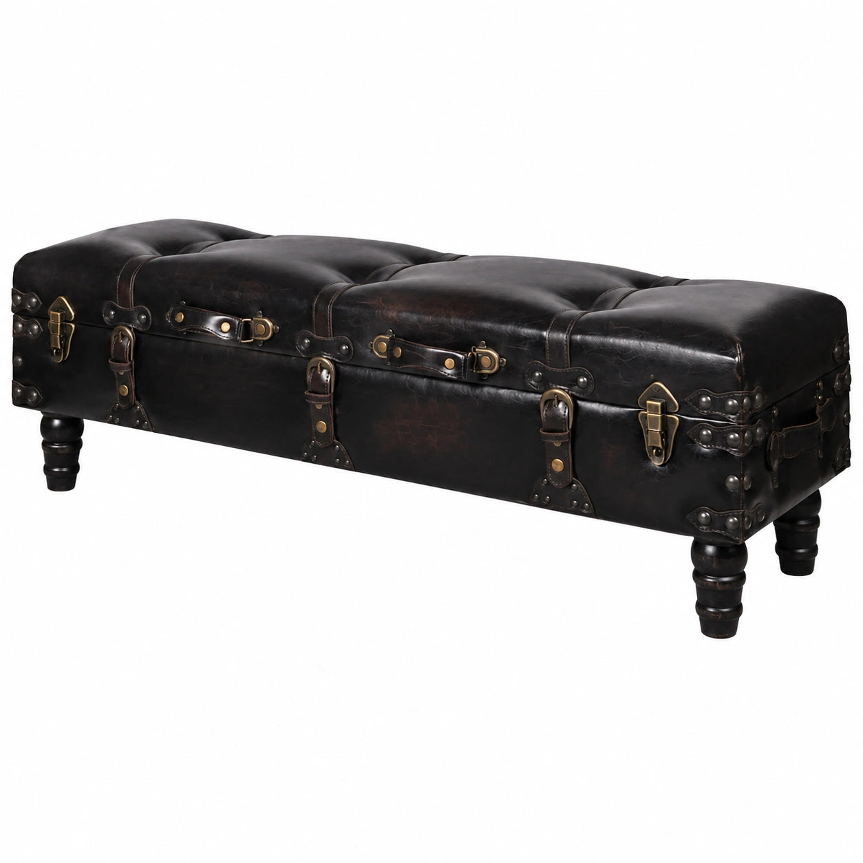 Banco de Almacenamiento de Madera Maciza de Pino, Marrón, con Asiento Acolchado, Estilo Vintage, 111x34x37 cm