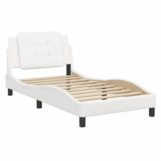 Cama Estructural de Cuero Sintético Blanco 90x200 cm con Somier Curvado