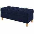 Banco otomano con almacenamiento, tapizado en terciopelo azul oscuro, patas redondeadas, 120 cm