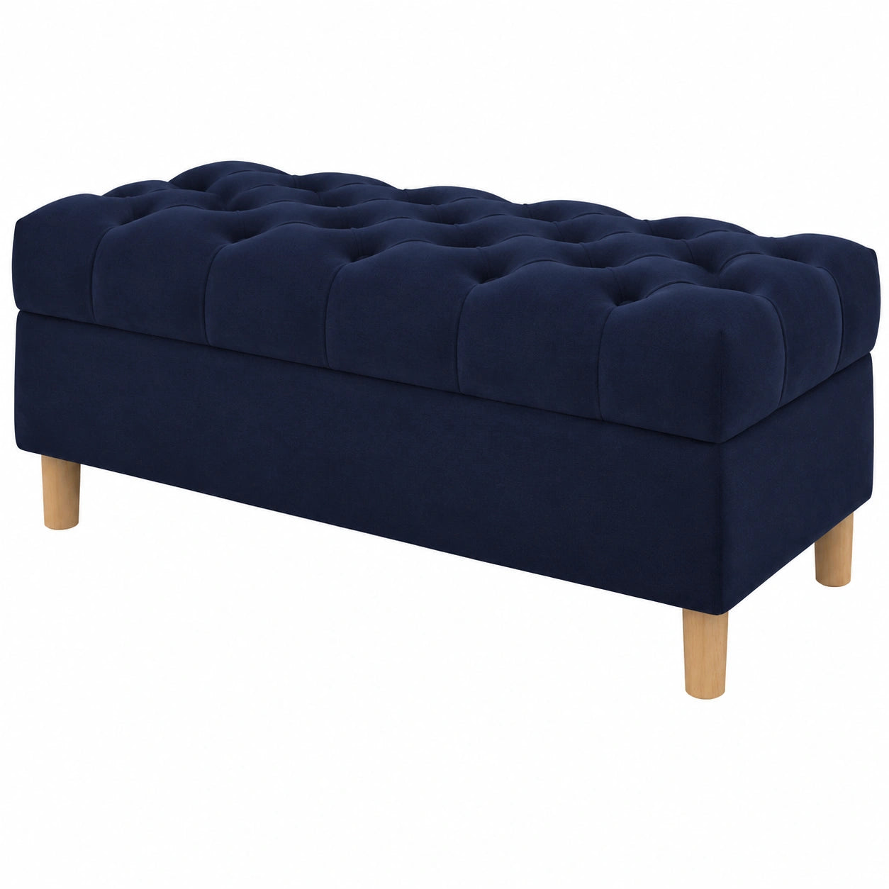 Banco otomano con almacenamiento, tapizado en terciopelo azul oscuro, patas redondeadas, 120 cm