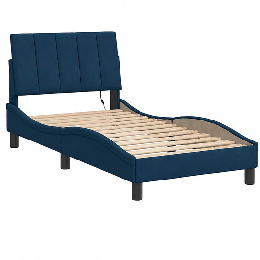 Cama de Terciopelo Azul con Luz LED, Base Curvada 90x200 cm