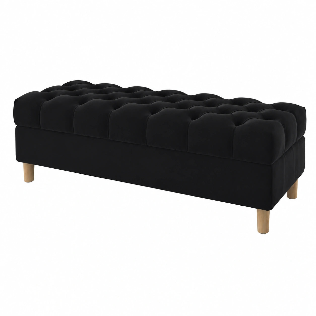 Banco Ottoman Almacenaje Tapizado en Terciopelo Negro con Patas Redondeadas, 140 cm