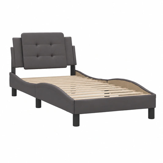Cama Estructura 90x200 cm Cuero Sintético Gris con Somier Curvado