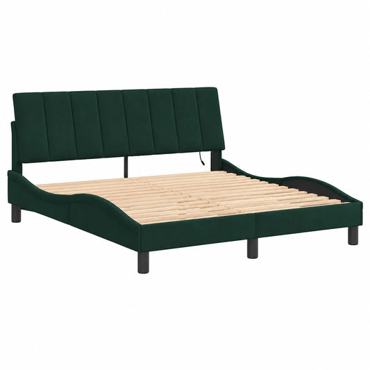 Cama de Terciopelo Verde con Luces LED, Base Curvada de Listones 160x200 cm