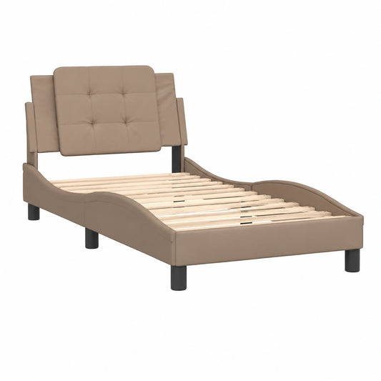 Cama Individual 90x200 cm con Cabecero Curvado en Cuero Sintético Capuchino