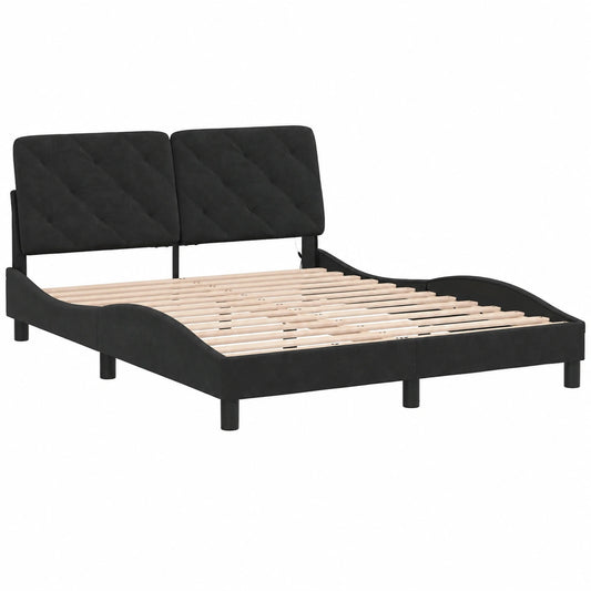 Cama Tapizada de Terciopelo Negro con LED 140x190 cm, Base sin Colchón