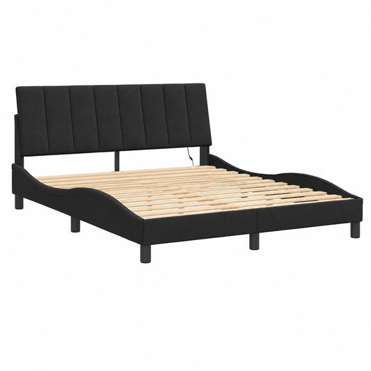 Cama con LED y Terciopelo Negro, Estructura Curvada 160x200 cm