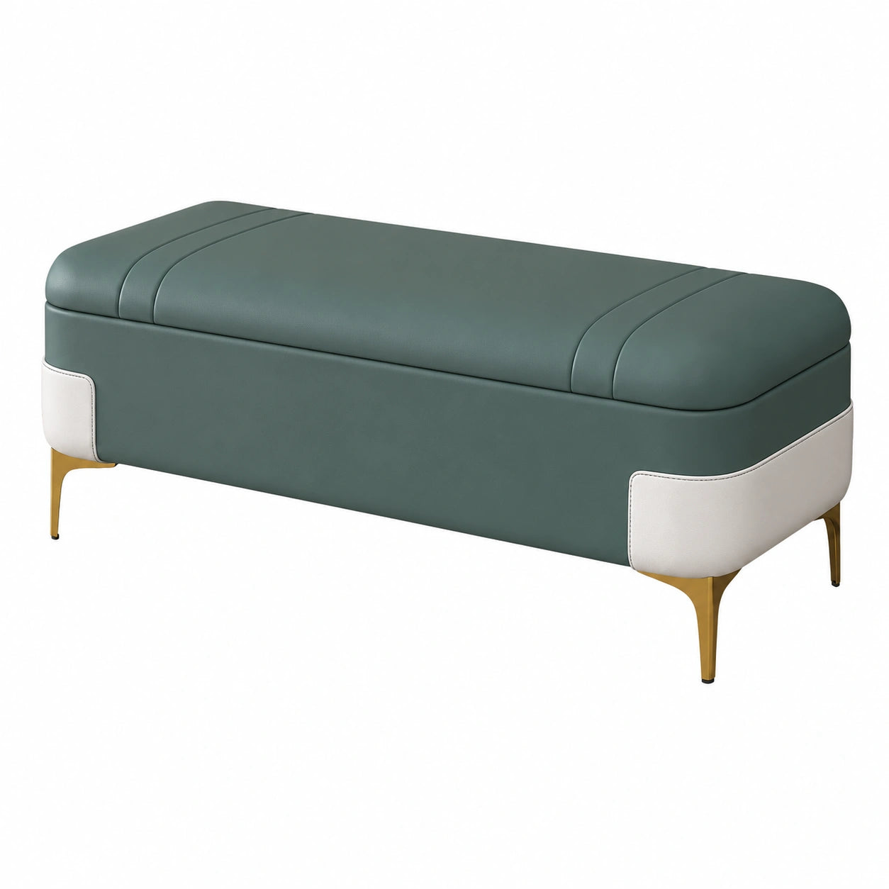 Banco otomano verde con almacenamiento y patas metálicas, 100 cm, ideal para dormitorio