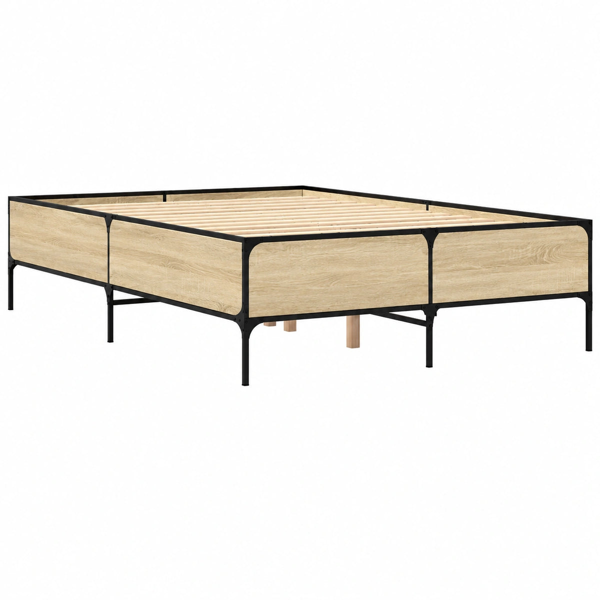 Cama Doble de Madera y Metal, Estilo Roble Sonoma, 150x200 cm