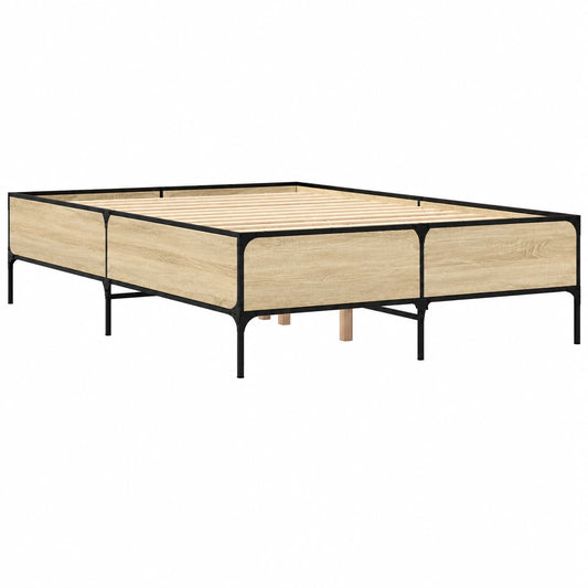 Cama Doble de Madera y Metal, Estilo Roble Sonoma, 150x200 cm