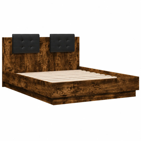 Cama con Cabecero y Luces LED, Estructura de Roble Ahumado 120x190 cm, Mueble de Dormitorio