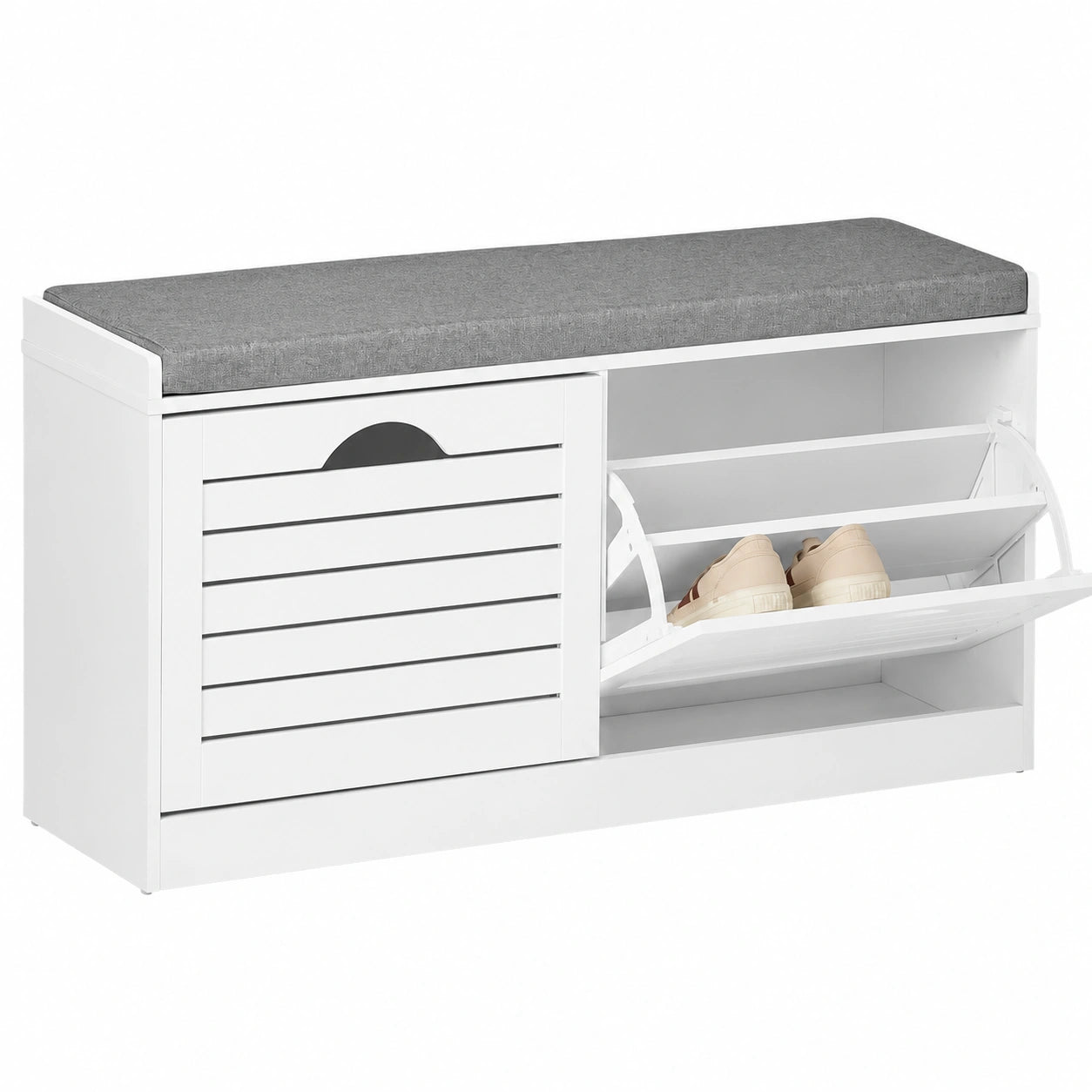 SoBuy Banco Zapatero con Asiento Ergonómico y Almacenamiento para 8 Pares de Zapatos, Diseño Compacto para Espacios Pequeños - Blanco, 97x30x47 cm
