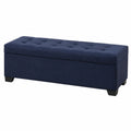 Puf otomano de lino azul con almacenaje, madera maciza, para dormitorio y sala de estar