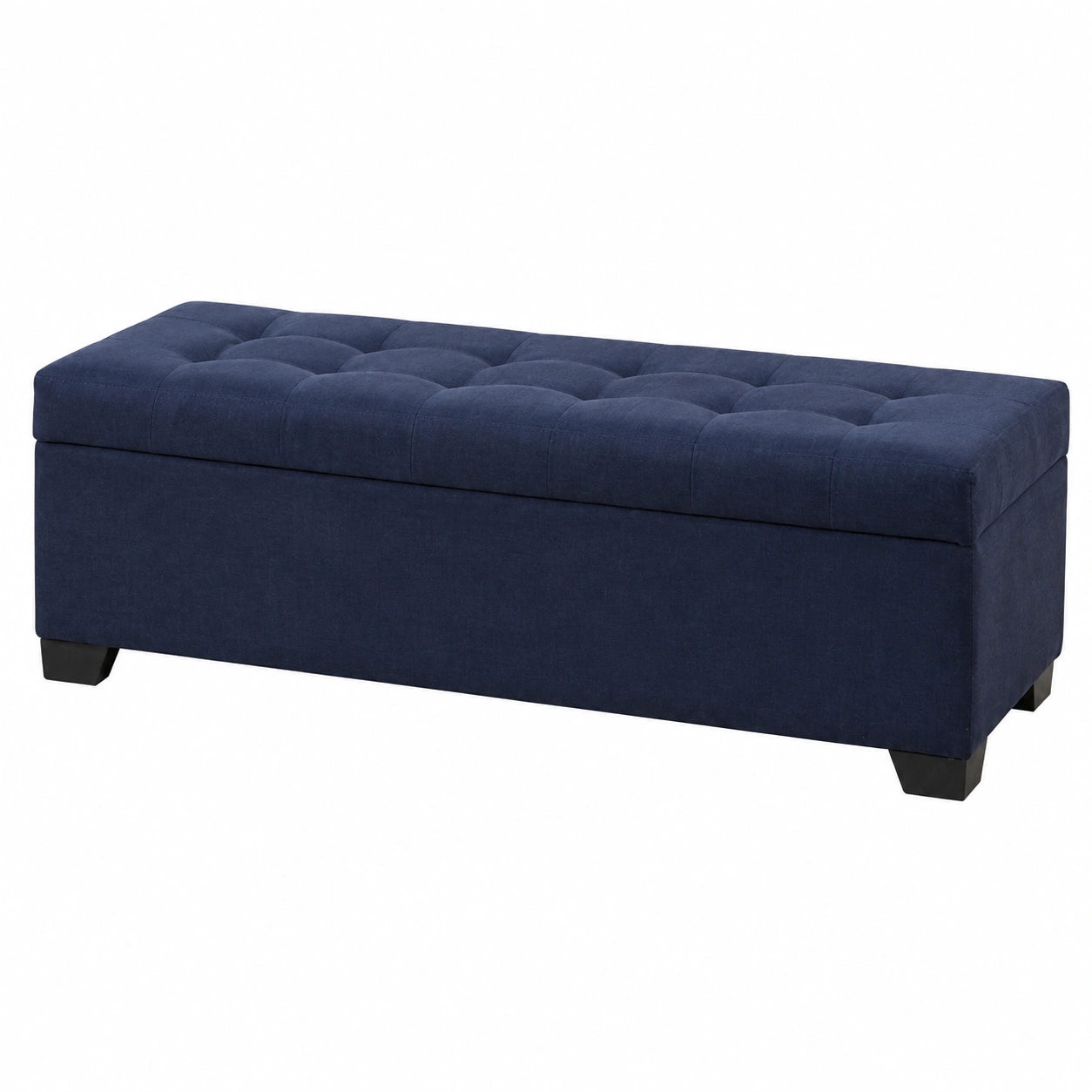 Puf otomano de lino azul con almacenaje, madera maciza, para dormitorio y sala de estar